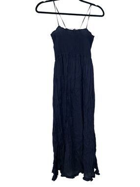 J. Crew 100% Silk Navy Smocked Midi Dress Adjustable Spaghetti Straps Crinkle  M